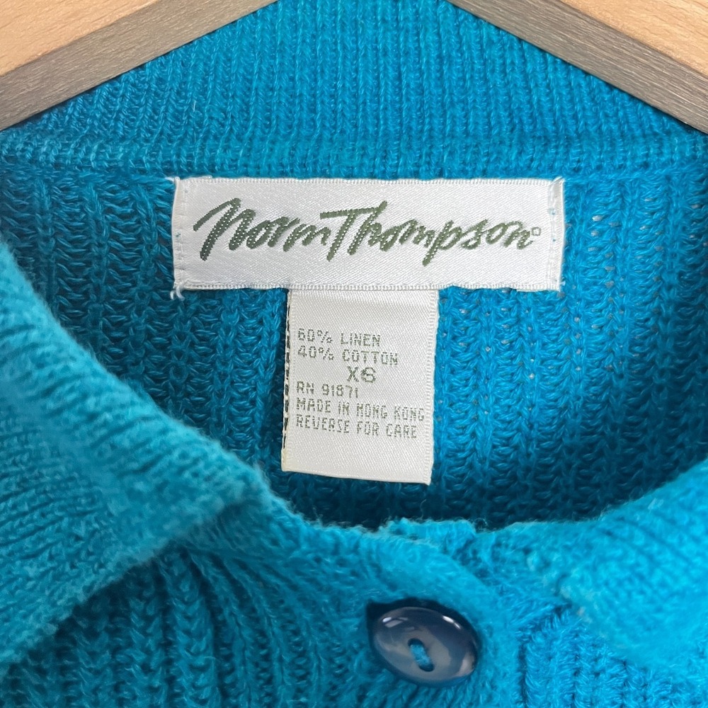 Vtg‎ Norm Thompson Teal Linen Cotton Henley Sweater Sz Xs - Picture 2 of 5
